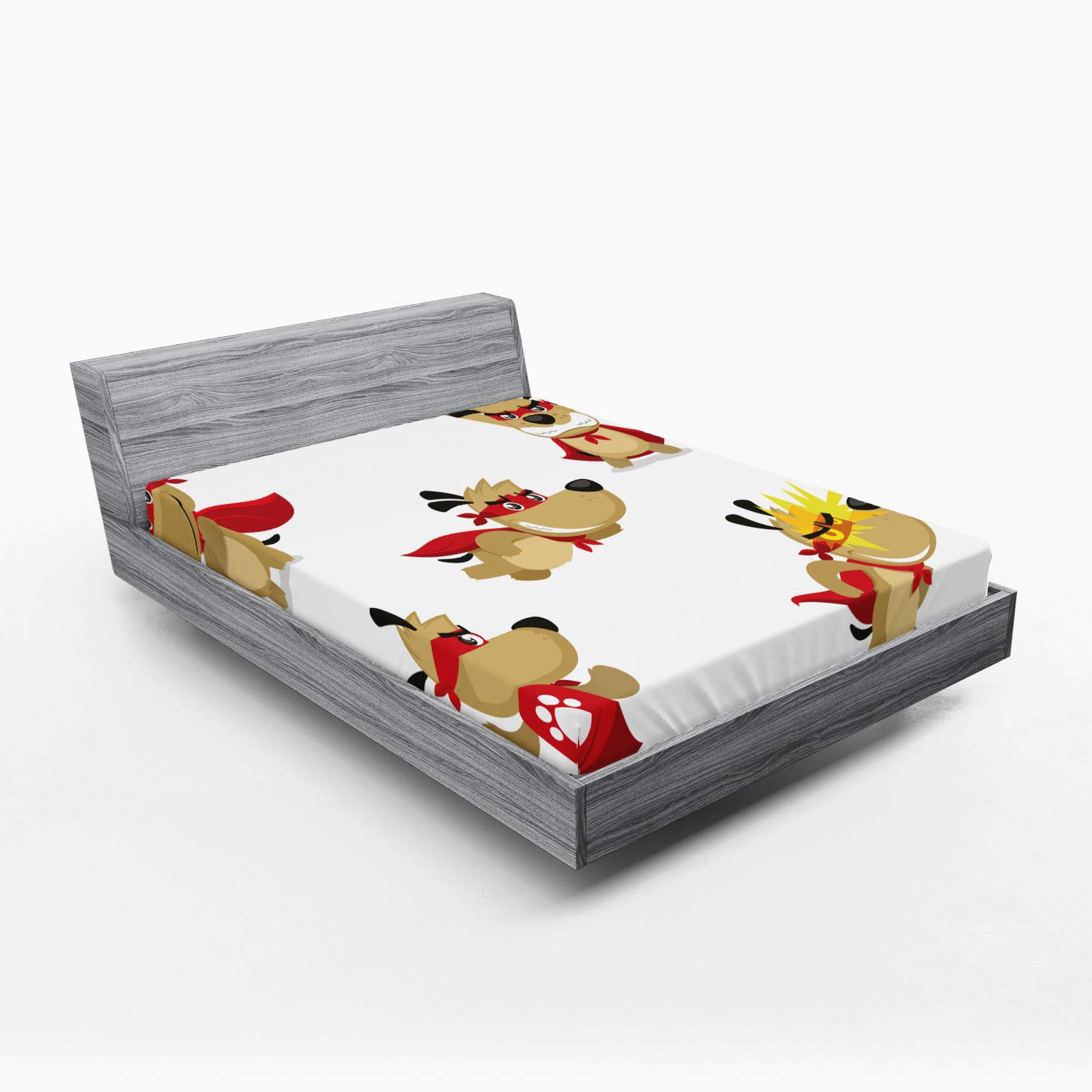 ambesonne Dog Fitted Sheet, Superhero Puppy Paw Costume and Mystic Powers Laser Vision Supreme Talents, Soft Decorative Fabric Bedding All-Round Elastic Pocket, Queen Size, Cream Red