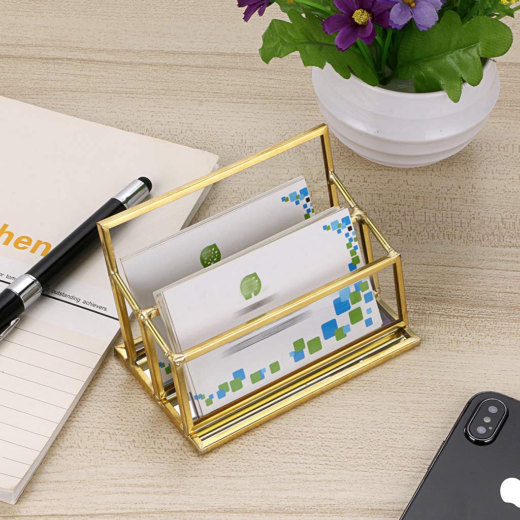 Buy Hipiwe 2 Slots Glass Business Card Holder Stand Gold Metal Frame