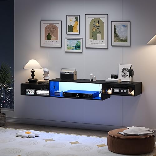 4 EVER WINNER Soporte flotante para TV con toma de corriente de luz LED, centro de entretenimiento flotante de 59 pulgadas con almacenamiento,