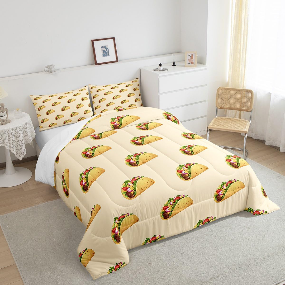 Erosebridal Taco Bedding Mexican Fast Food Comforter Set Twin Mexican Party Decorations Bedding Comforter Sets, Delicious Food Cartoon Style Duvet Insert with 1 Pillow Case