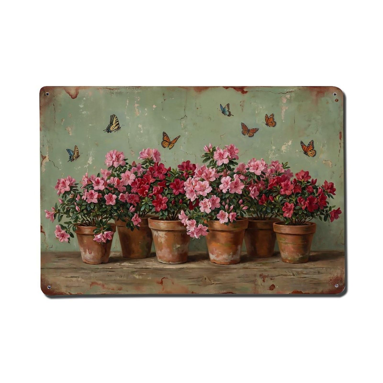 Vintage Rustic Flower Potted Plants Azalea Metal Tin Sign