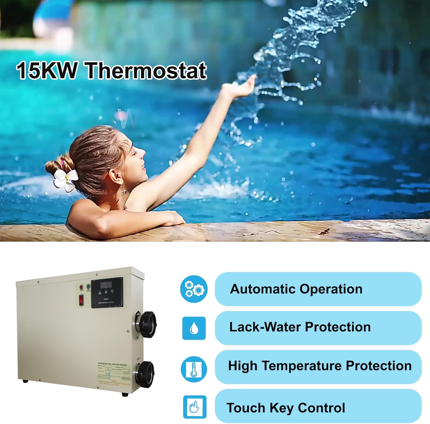 Pool Heater-15KW 220V Upgrade Thermostat Electric Swimming Pool Heater,Digital Touch Display Energy Efficient Pool Water Heater for Spas, Bathtubs and Above Ground in-Ground Pools. (220V 15KW)