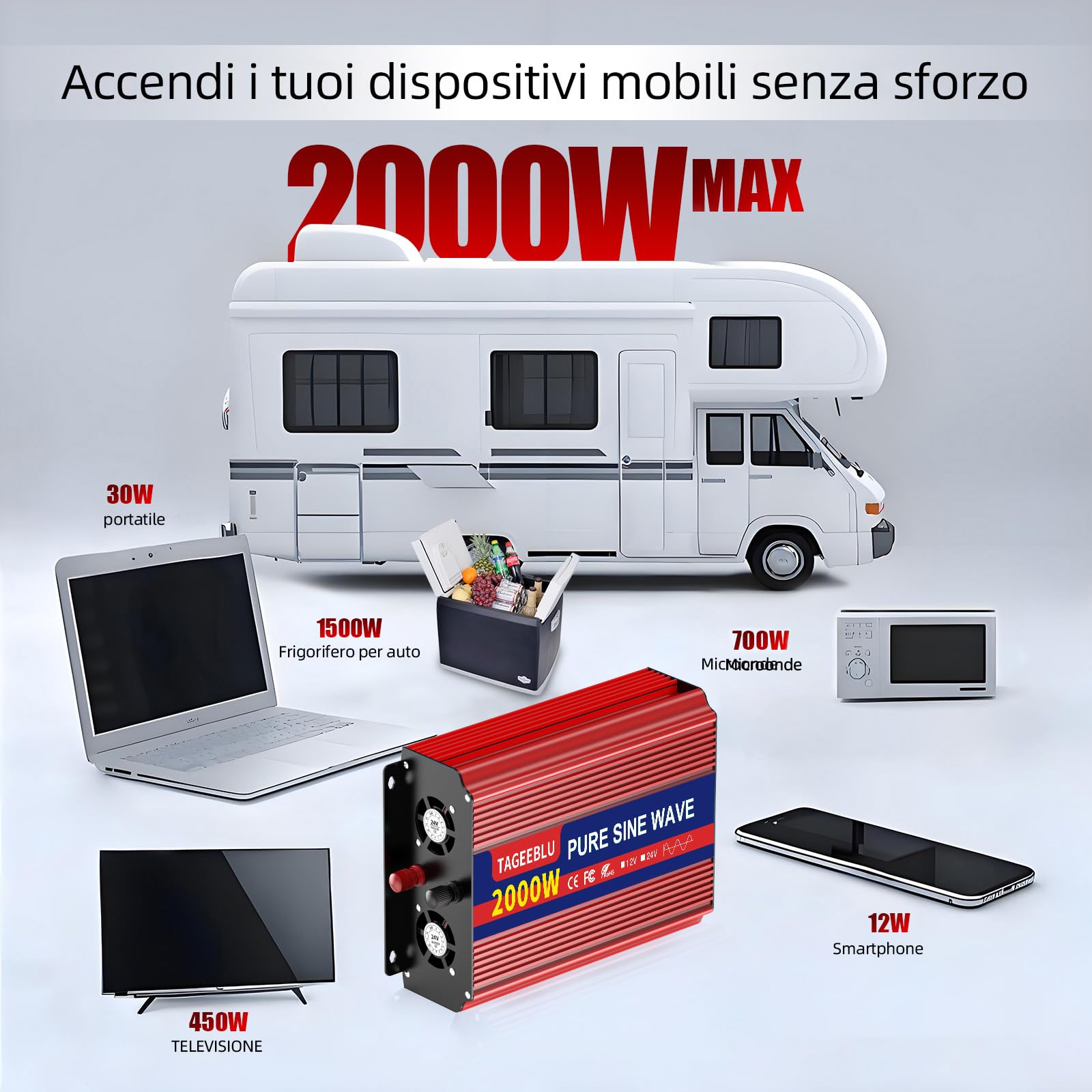 2000w Inverter 24v 220v Onda Pura con Display LCD & EU Presa