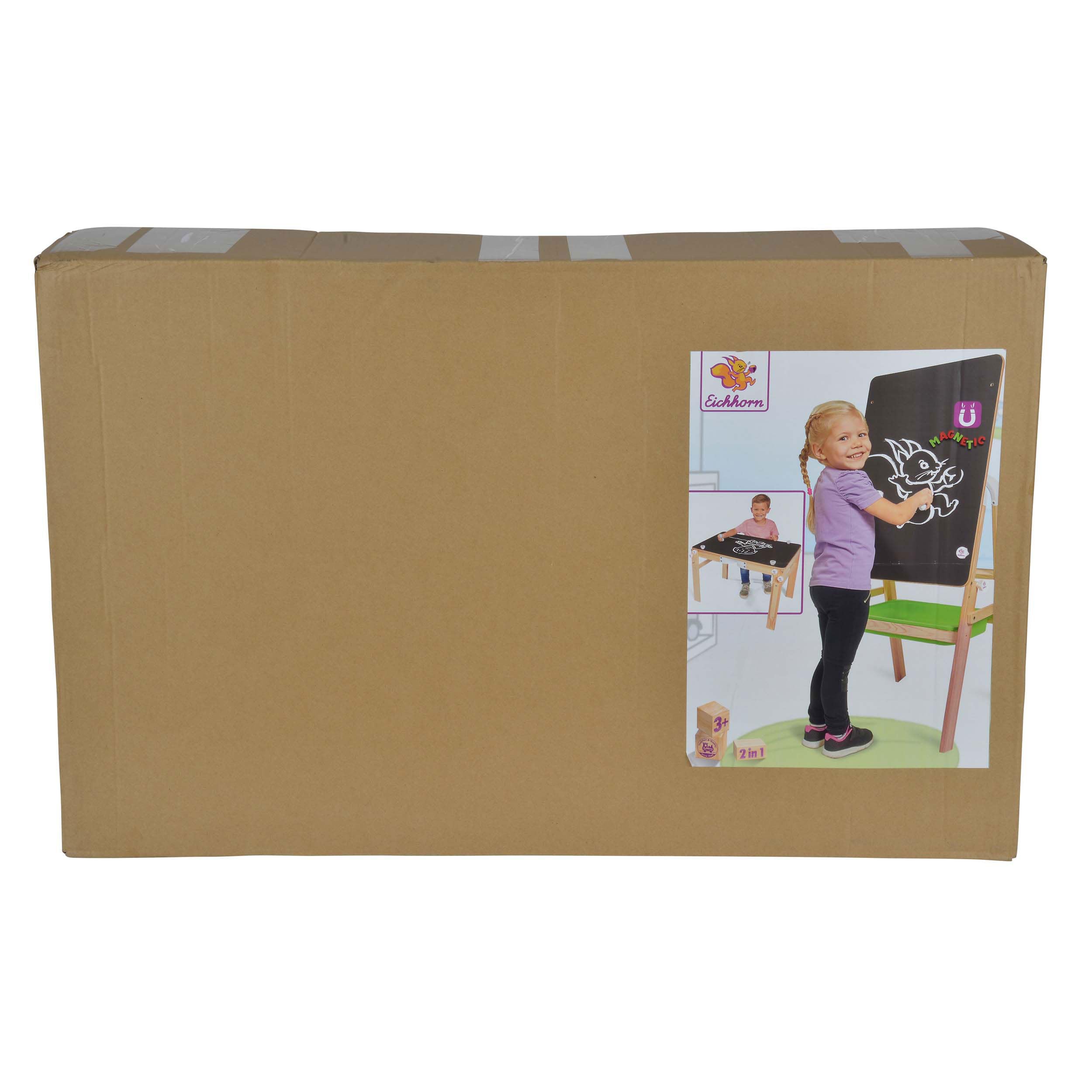 Eichhorn 100002573 - Maltafel für Kreide, Folienstift und Schreibtisch, 2 in 1, Umbaubar, Holztafel 52x50,5x128,5cm / Holztisch 48x70x51,5cm, Kiefernholz
