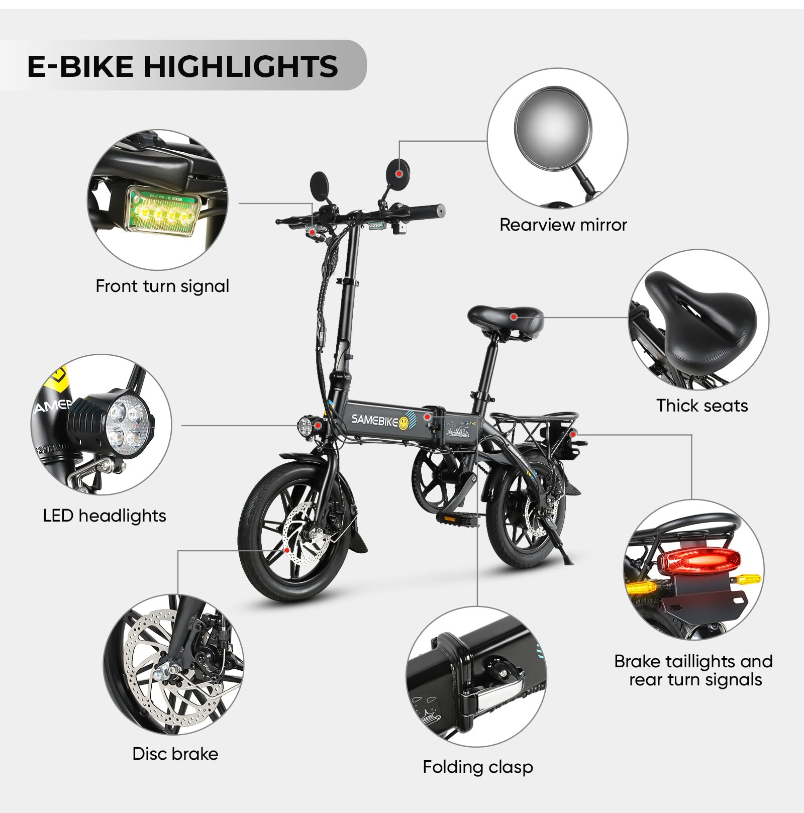 SAMEBIKE Bici Elettrica 14", Batteria al Litio 36V 7.8AH, Autonomia 60KM, E-bike Piegevole con Display LCD, Doppi Freni a Disco, Motore 250W per Pendolari Urbani, Leggera e Portatile