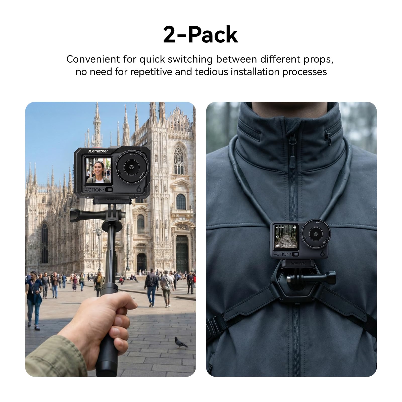 AMAZEAR Supporto adattatore a sgancio rapido magnetico in plastica per DJI Osmo Action6 / NANO（2pcs）, Supporto magnetico con interfaccia 1/4" e GO-Pro, Accessorio Supporto rotante a 360°
