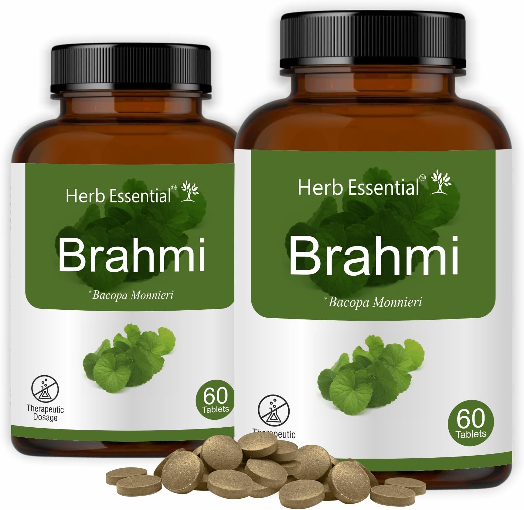 Herb Essential Brahmi Tablets 60 Count (Pack of 2) | Brahmi Tablets for Memory & Brain Health | Ayurvedic Herbal Supplement for Focus, Concentration & Stress Support | Natural Adaptogenic Formula