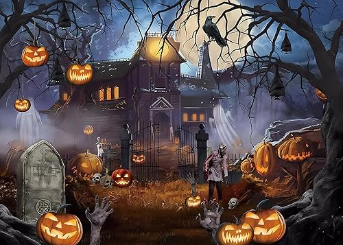 Miniatura 7 de Telón de fondo temático de Halloween para fotografía, castillo de fantasmas, luna, noche aterradora, calabaza, farol, cuervo, fondo para fotos de