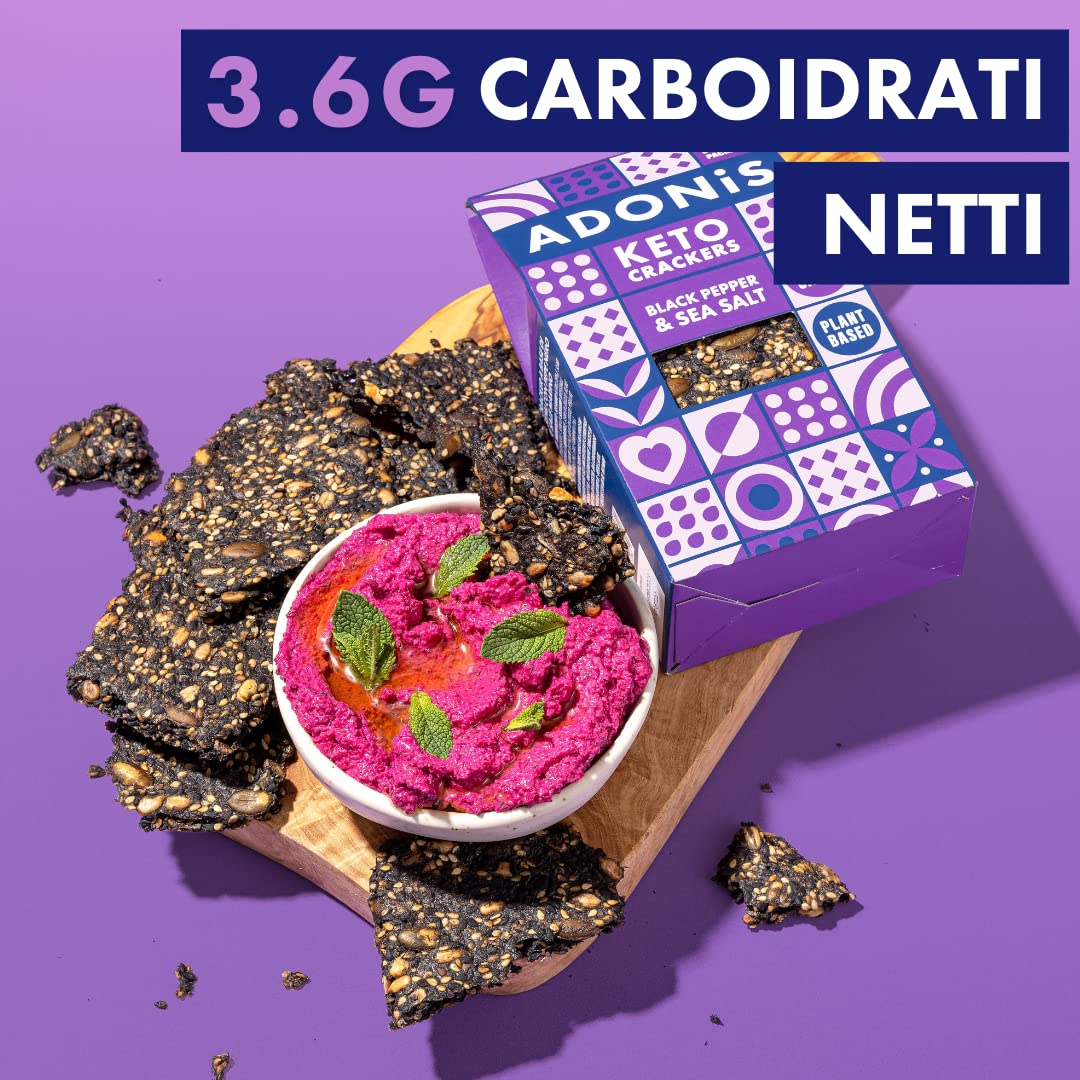 Cracker Proteici Adonis Keto al Pepe Nero & Sale Marino (confezione da 10 x 60g) | Vegano & Keto Friendly | 100% Naturale | Senza Glutine, Senza Zuccheri, Senza Olio di Palma, Senza Lattosio | Basso