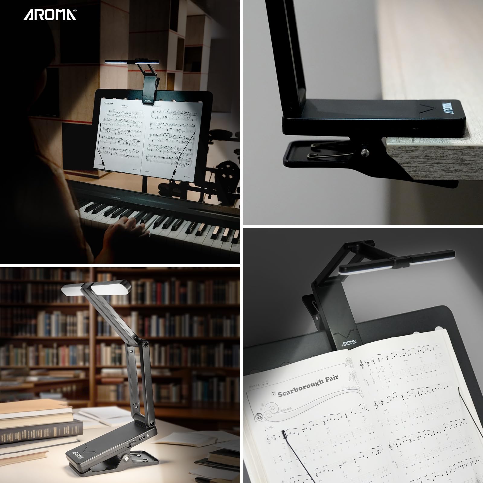 AROMA Luz para Atril de Música Recargable Lámpara de Piano con Clip y 2 Niveles de Brillo
