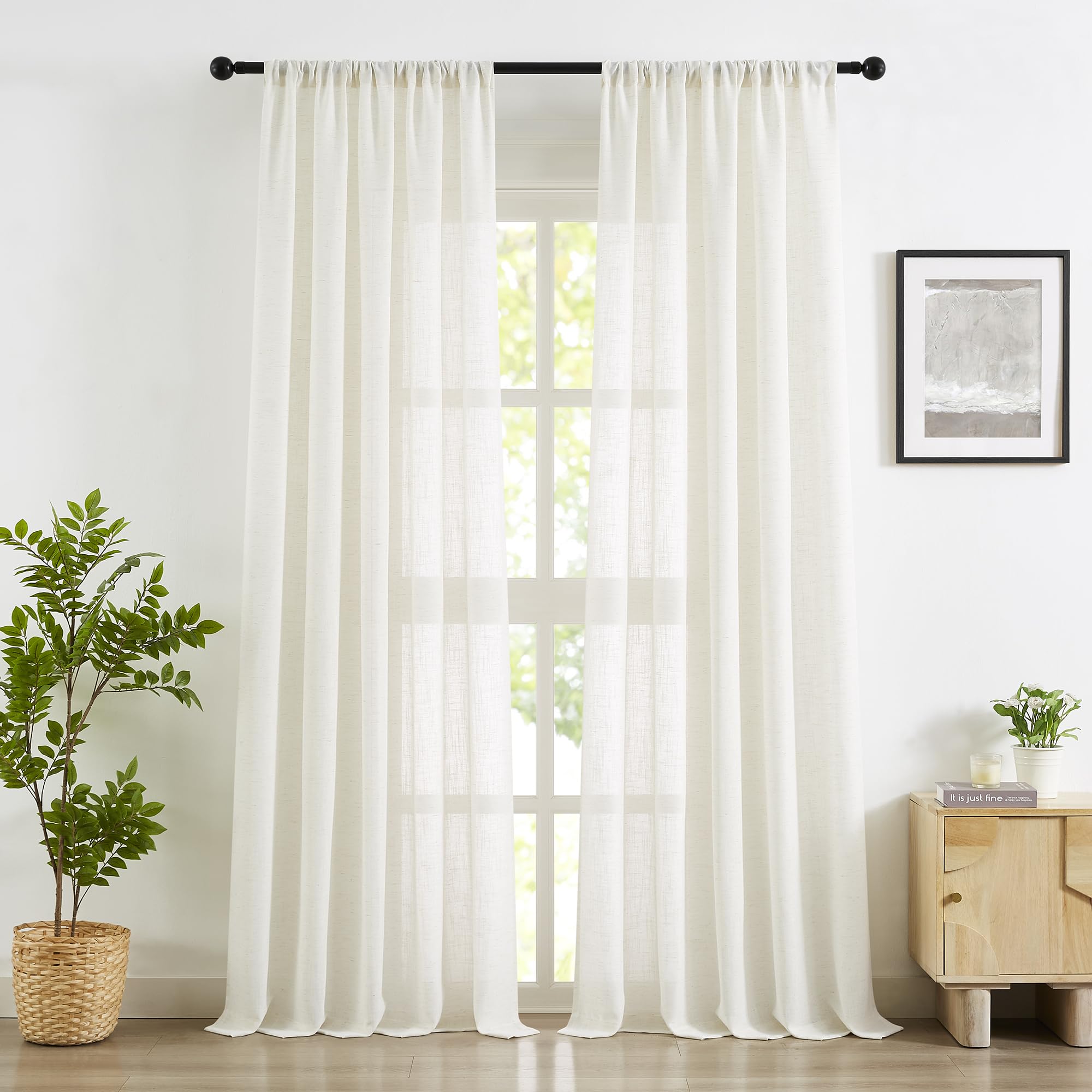 Abstractex Flax Linen Semi Sheer Curtains 90 Inch Drop for Bedroom Natural Beige Country Light Filtering Window Treatments for Living Room Privacy Elegant Drapes, 52" Wide 2 Panels Rod Pocket — image 1