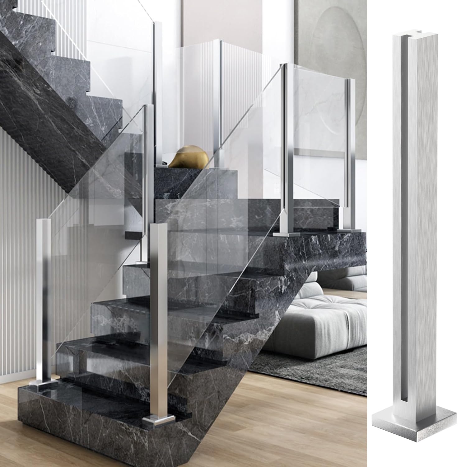 Cvter Poste Para Barandilla de Vidrio Negra: 95cm de Balaustrada de Cubierta de Vidrio Sin tapa con Ranuras para Cubiertas, Escalones, Balcón, Piscina, Jardín, Escaleras. Acero inoxidable — view 10