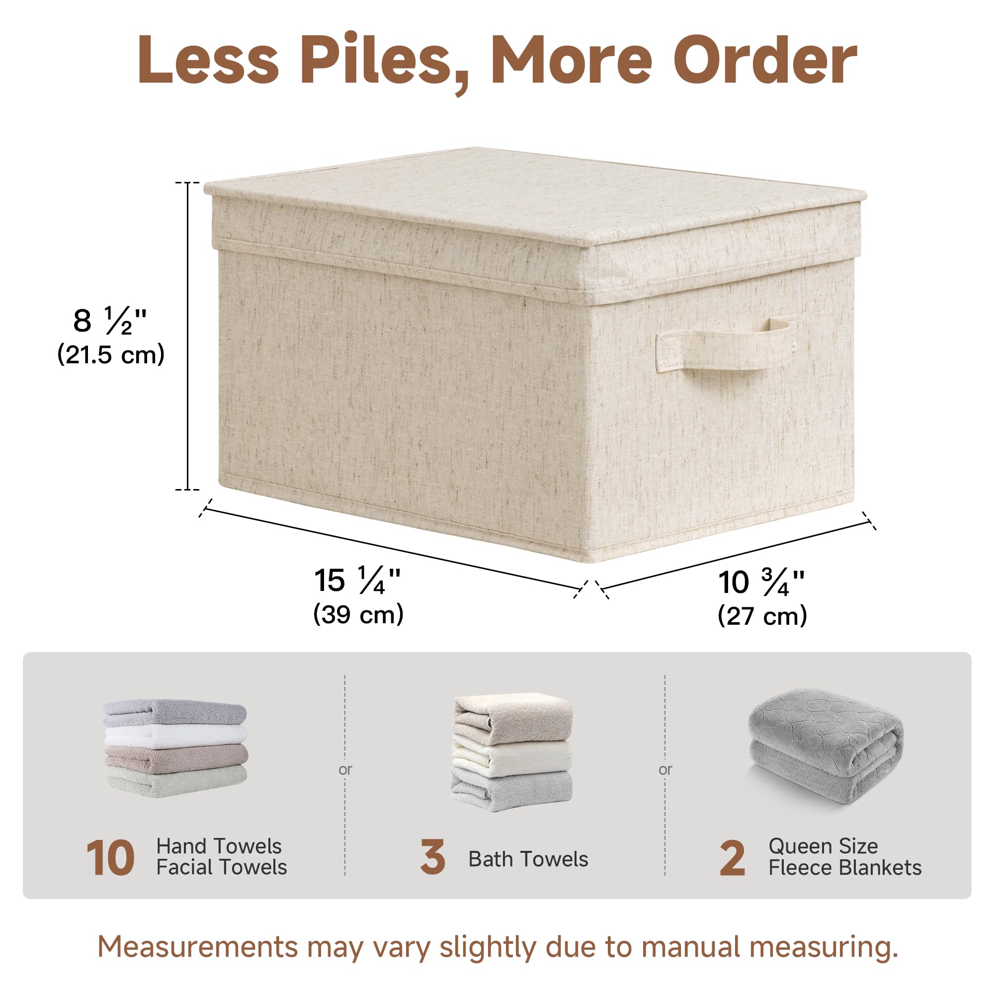 StorageWorks Cesto portaoggetti con coperchio, scatole decorative con manici in poliuretano, cesti portaoggetti impilabili in tessuto per armadi, scaffali, beige (lino di cotone), confezione da 3