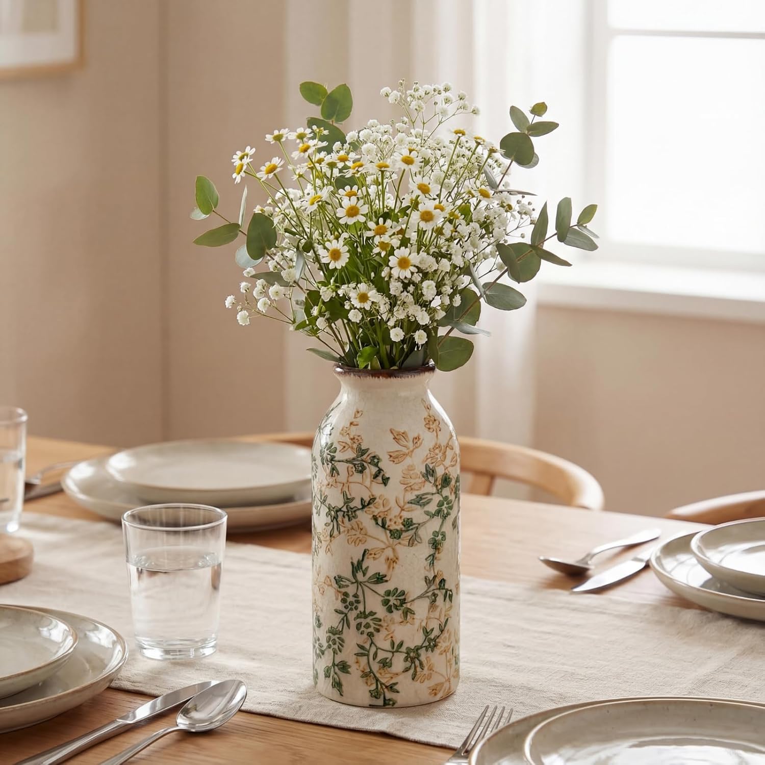 Vintage Ceramic Flower Vase Chinoiserie Antique Floral Vase Rustic Boho Farmhouse Decor for Home Table Bookshelf Aesthetic Centerpiece Gift(Vintage Green)