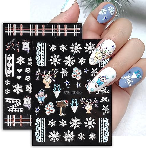 Miniatura 1 de 8 hojas 5D de Navidad para arte de uñas calcomanías estereoscópicas en relieve 5D diseño de uñas de Navidad para invierno diseño de uñas de copo de