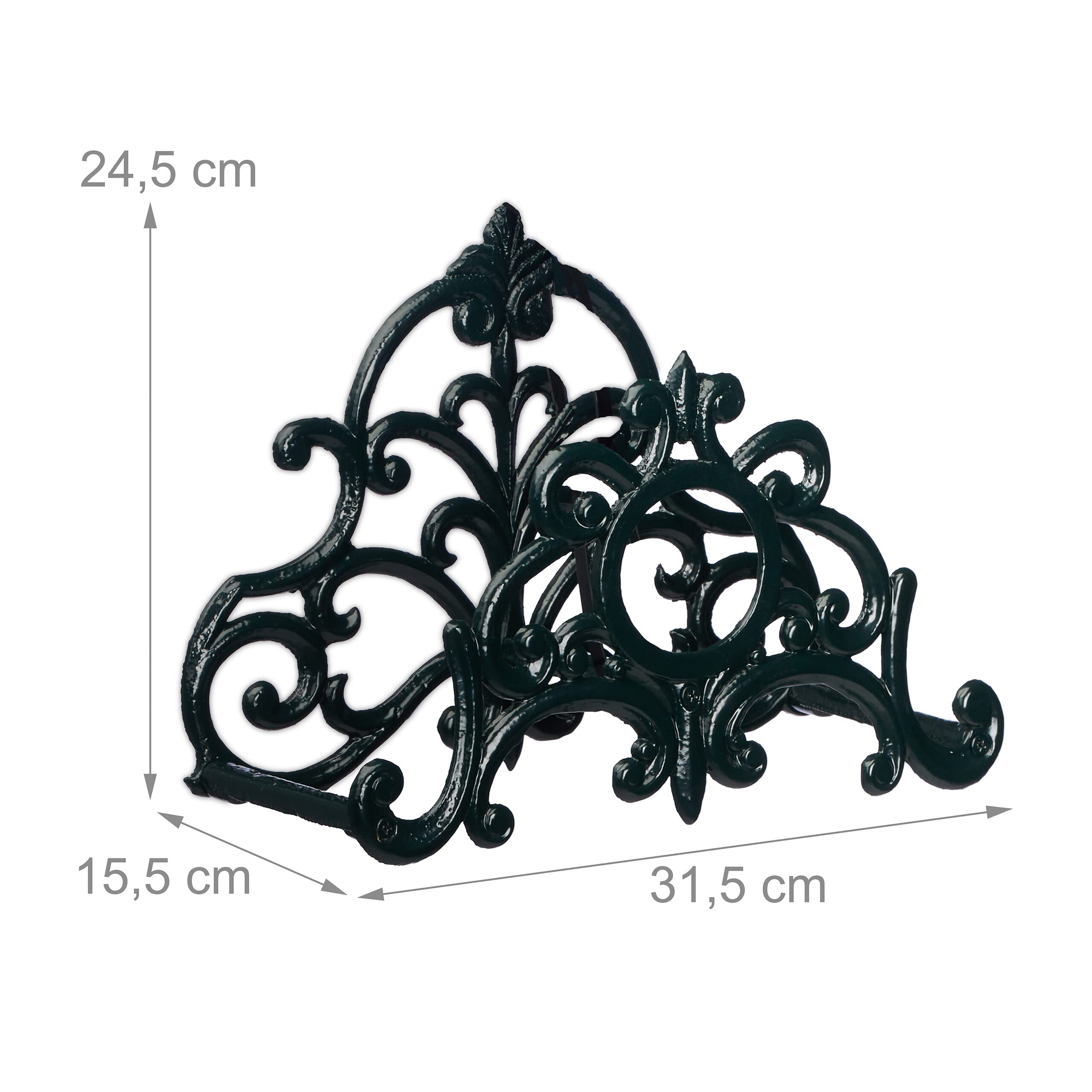 Relaxdays Soporte Manguera Pared, Cuelgamangueras Estilo Vintage, 24,5 x 31,5 x 15,5 cm, Hierro Fundido, Verde Oscuro