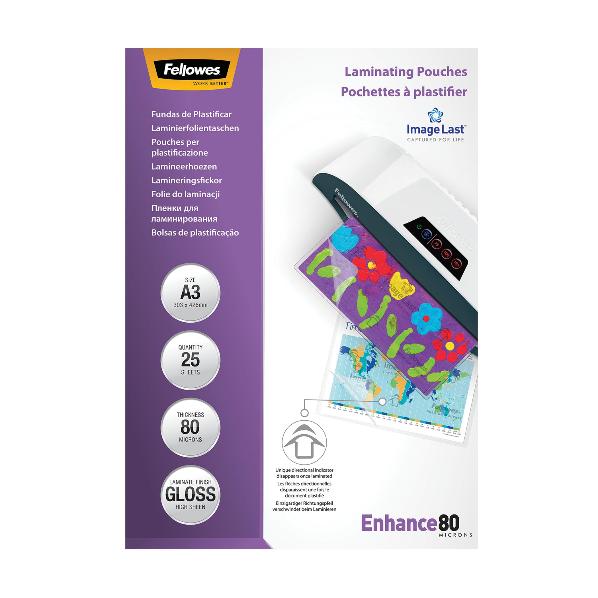 Fellowes Laminierfolien A3 ImageLast,80 Mikron (2 x 80 Mikron), 25 Stück, transparent mit Ausrichtungshilfe. Ideal für Fotos und Informationshinweise mit optimalem Kontrast