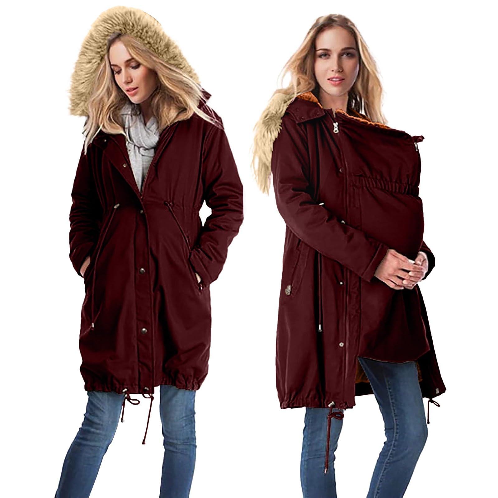 Generisch 3 In 1 Umstandsjacke Winter Schwangerschaftsjacke Mit Babyeinsatz & Pelzkragen Baumwoll-Daunenjacke Wasserdicht Einstellbarer Kordelzug Knielanger Umstandsmantel Outdoor Oversize