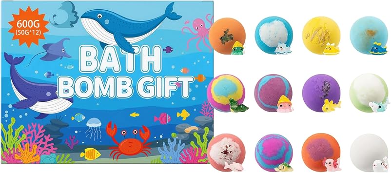 12 Pack Bath Bombs Set with Surprise Inside, Ocean Fizzy Playing Ball, Land & Sea Handmade Bathing Bombs for Dry Skin Moisturize, Colorful Bubble Bathroom Supplies-Style-B