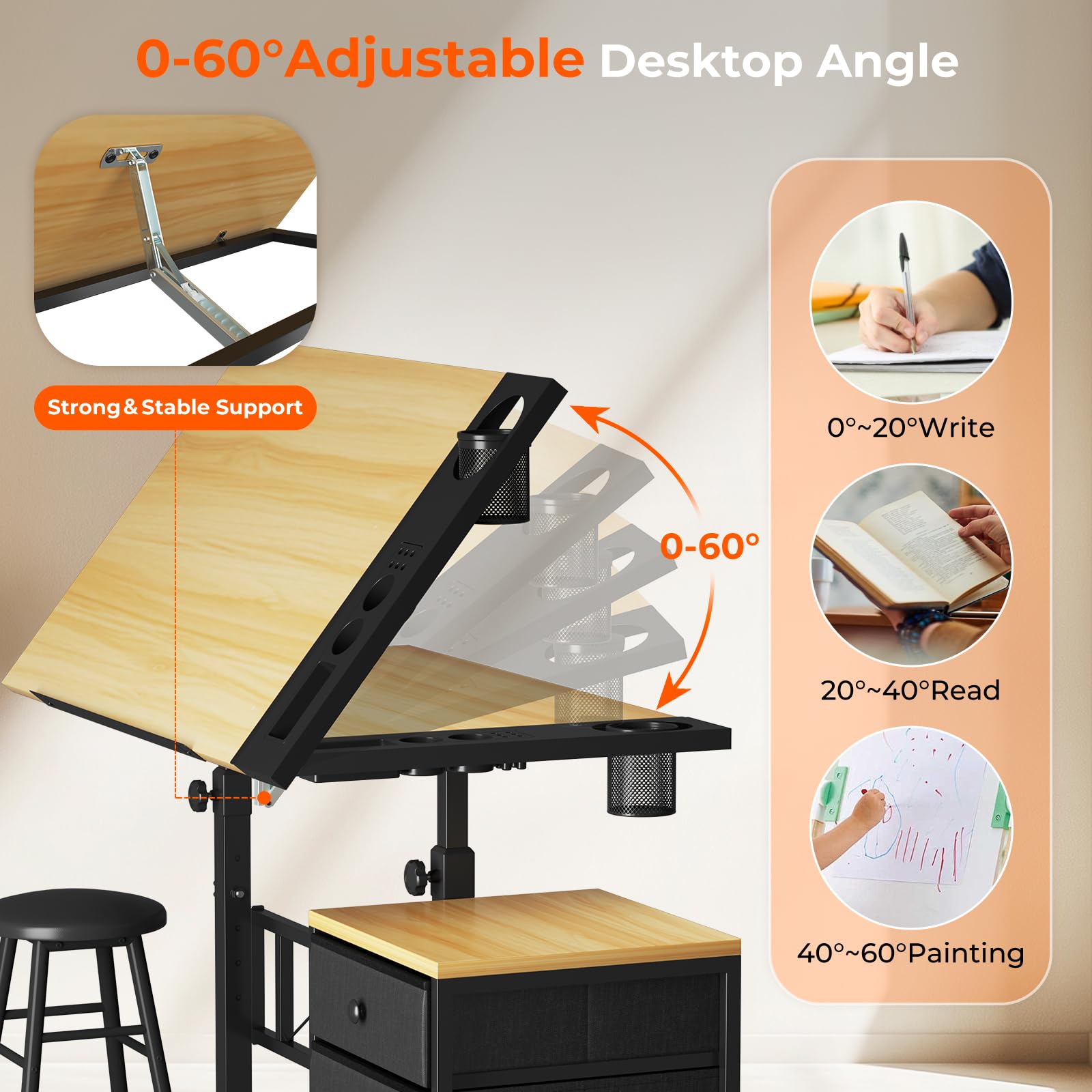 Dripex Zeichentisch 0-60° Neigbar Architektentisch Verstellbarer Tischplatte Höhenverstellbar Arbeitstisch Zeichnung Computertisch mit Hocker und Schließfächern für Office und Home Holzfarbe