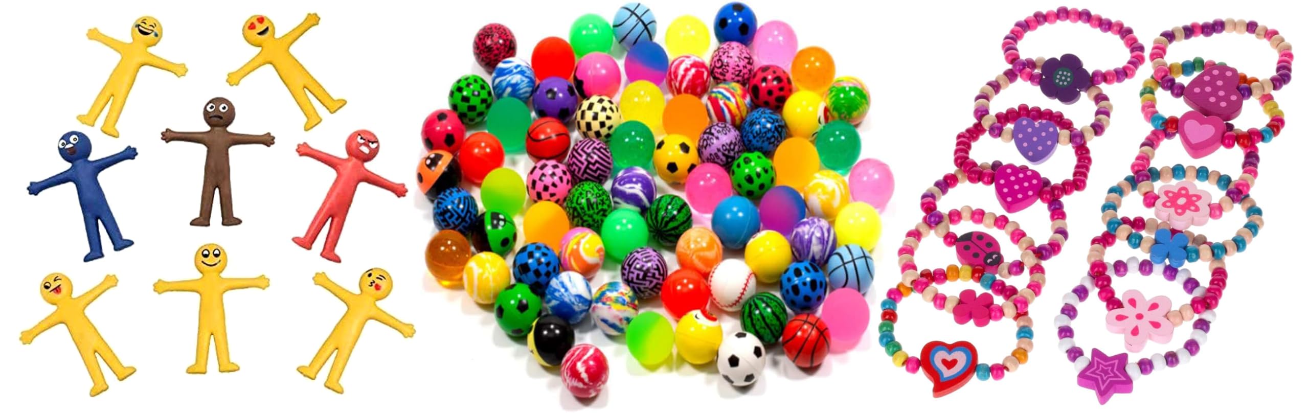 MVS Wholesale 45 x Assorted Party Bag Fillers and Favours. Receive 15 Stretchy Men, 15 Bouncy Balls, 15 Princess Bracelets