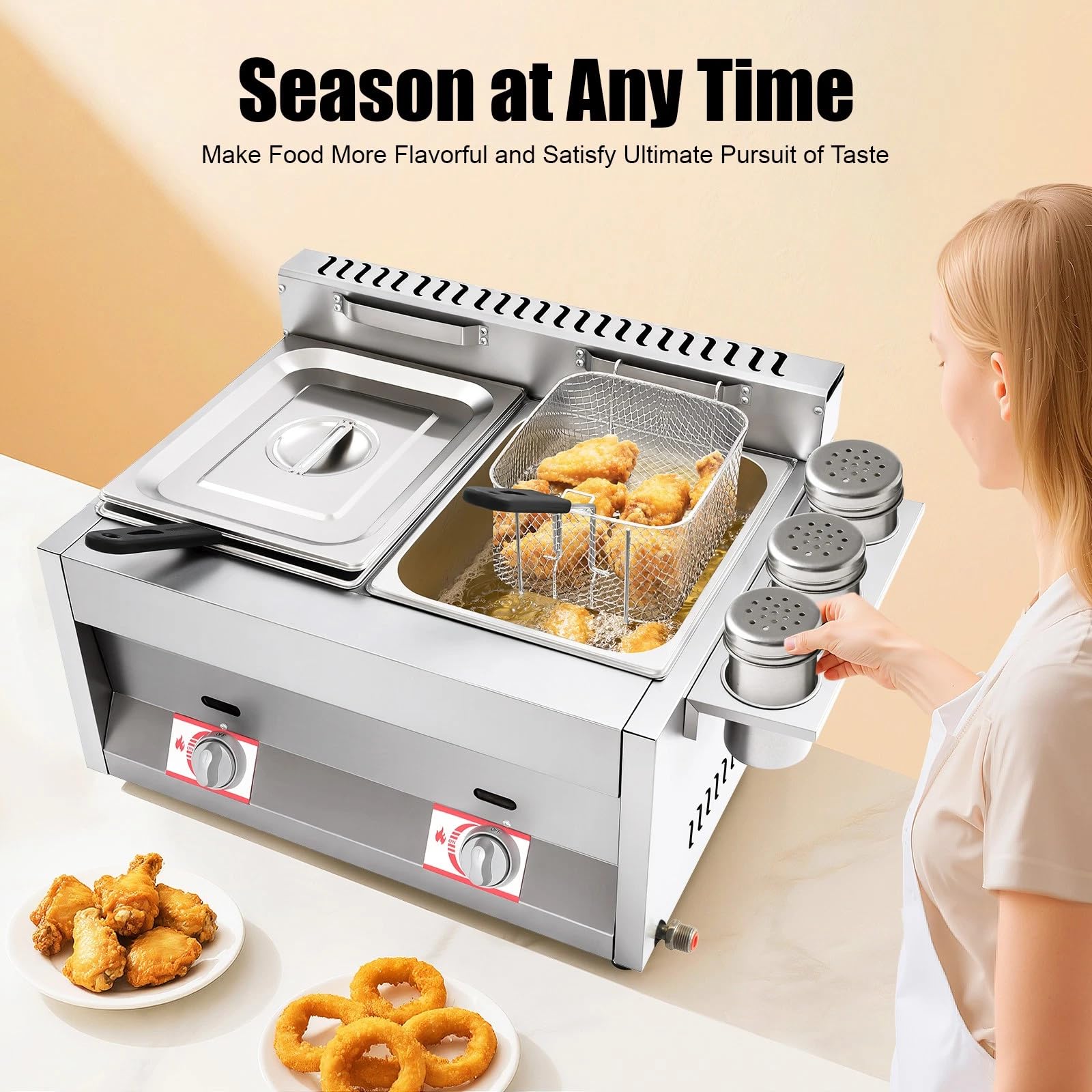 Friteuse à Gaz Commerciale, Double Réservoir 6L, En Acier Inoxydable, Avec 2 Paniers à Friture Et Couvercle, Température Réglable 50-380°C, Pour Restaurants, Bars à Emporter, Cuisine à Domicile