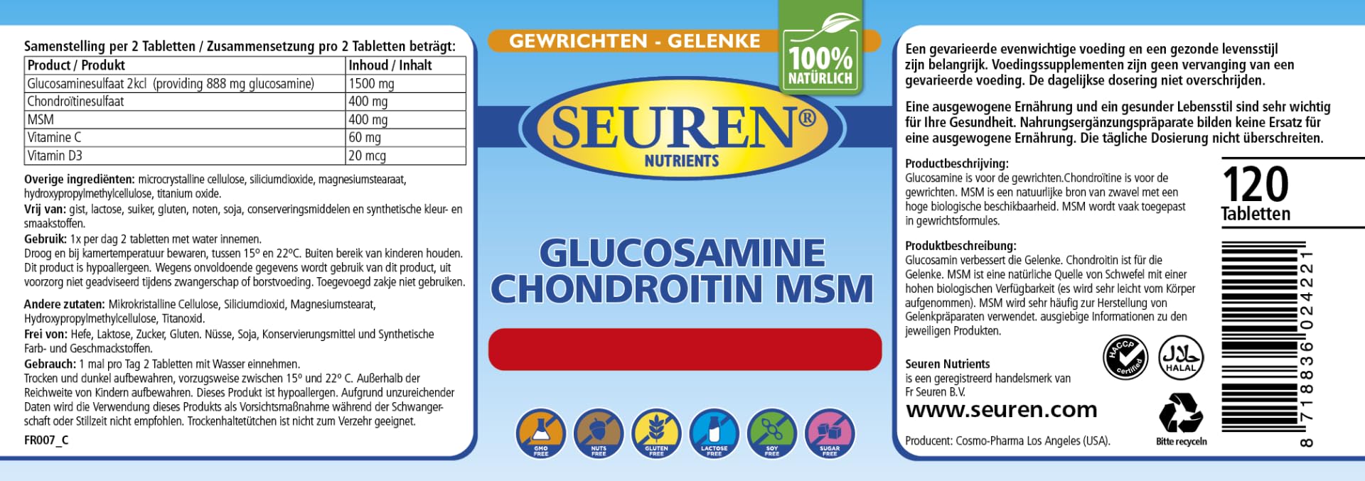 Seuren Nutrients | Glucosamin & Chondroitin plus MSM 120 Tabletten | Hochdosierte Kapseln | für gesunde Gelenke | Glutenfrei | Laktosefrei | Zuckerfrei |100% natürlich
