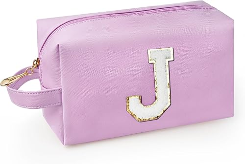 Vista 42 de Bolsa de maquillaje personalizada con inicial y asa, bolsa de cosméticos estilo preppy con bolsillo interior con cremallera, para niñas de 8 a 14