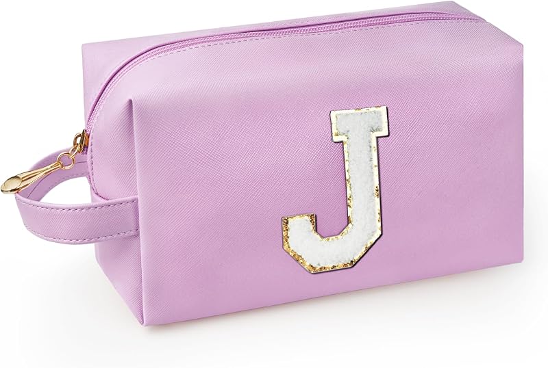 Necessaire de maquiagem WEMVP com alça, bolso interno com zíper e inicial J, roxa