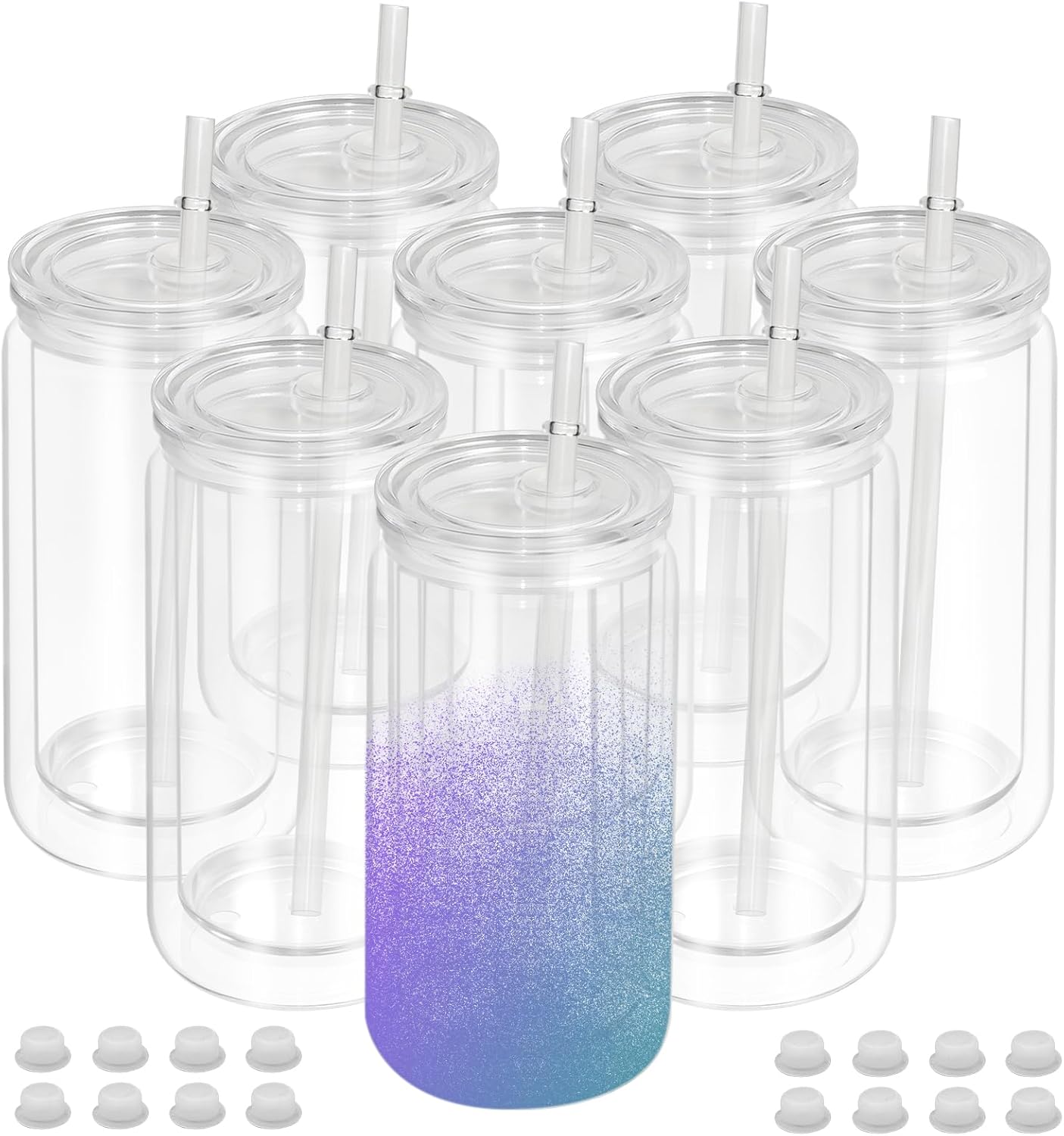 8 PCS Plastic Snow Globe Tumbler,16 oz Double Wall Tumbler with Pre Drilled Hole,Bulk Snow Globe Cups with Clear Lip and Straw,DIY Glitter Snowglobe(No gold powder)