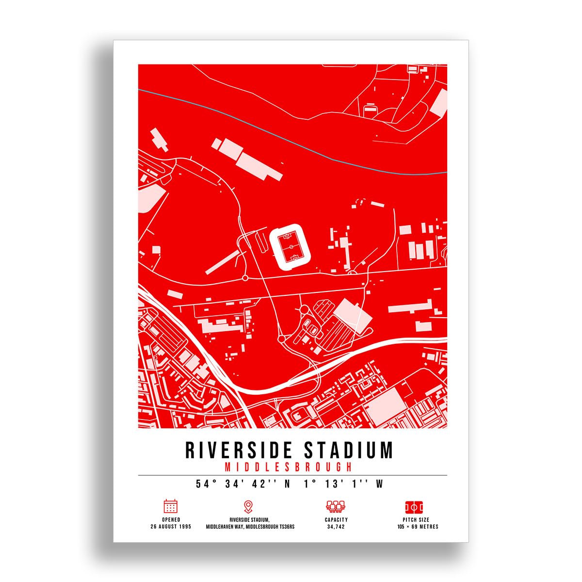 Mounted Gifts Trading A4 Poster Only Riverside Stadium Map Minimalist A4/A3 Poster Photo Print Framed Gift Middlesbrough (A4 Poster Only)