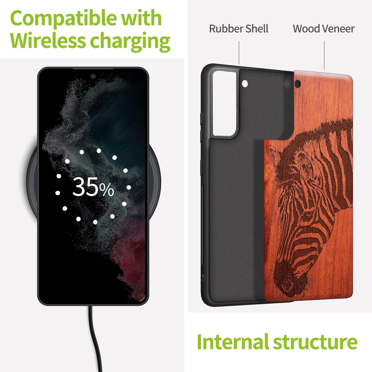 Carveit Wood Case for Galaxy S21 FE Case [Natural Wood & Black Soft TPU] Shockproof Hybrid Protective Unique Wooden Cover Compatible with Samsung S21 FE 5G (Zebra Carving-Rosewood)