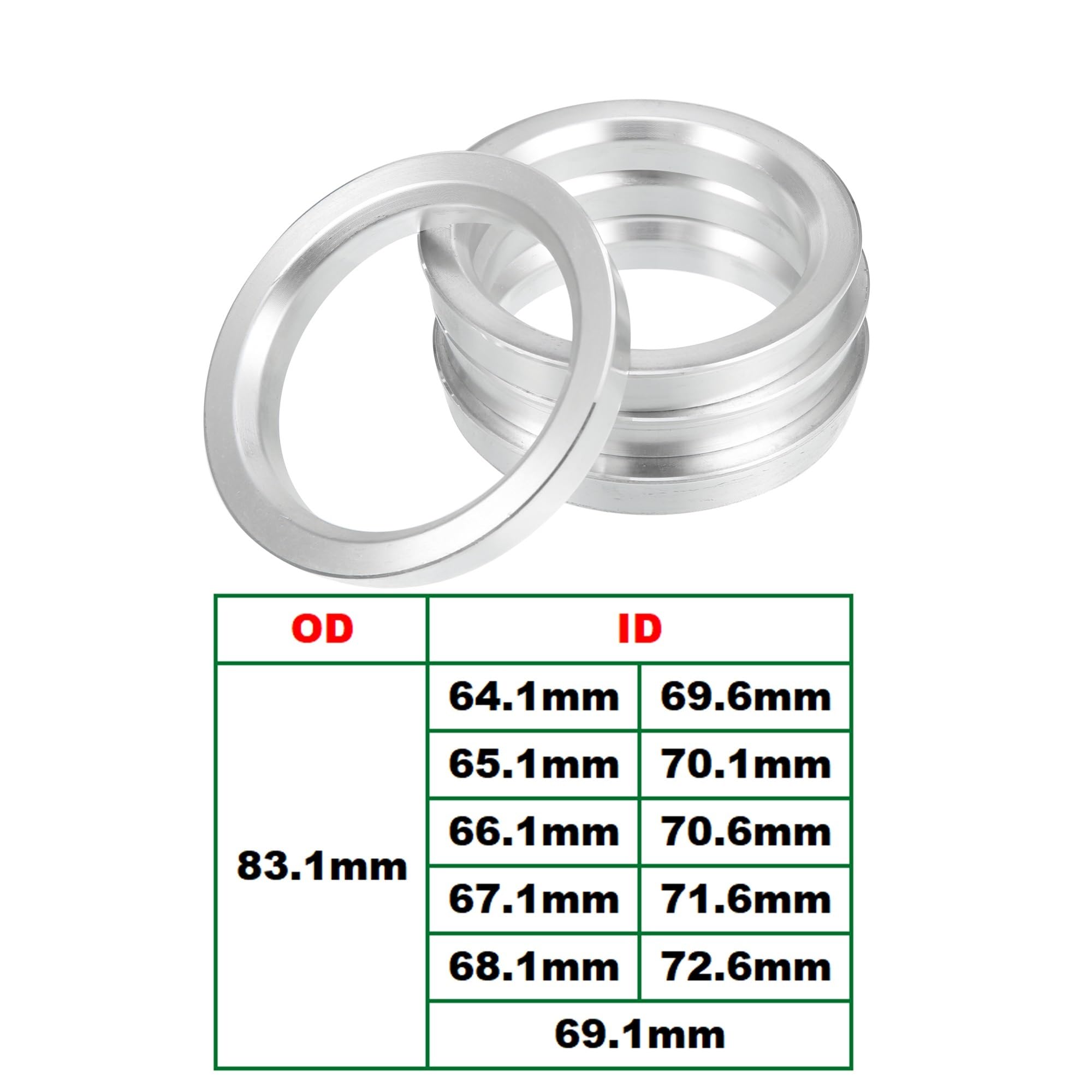 Zentrierringe 4 stücke OD 83,1mm Zu ID 64, 66, 70, 72,6mm Auto Hub Centric Ringe Rad Bohrung Zentrum Spacer Aluminium Legierung(83.1mm to ID 69.1mm)