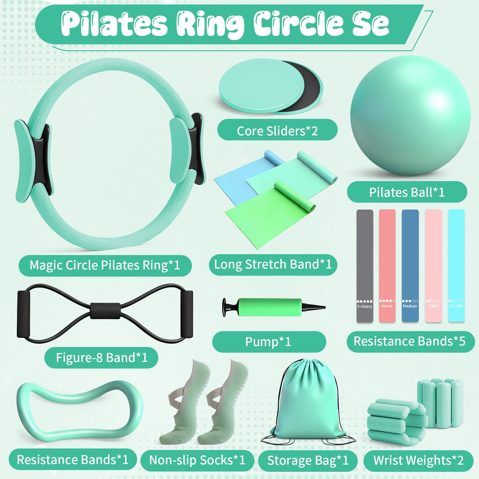 Kit Pilates Maison Complet, Anneau de Pilate 14 Pouces, Ballon Pilate, Poids Poignet et Poids Cheville réglables, Bande Élastique Musculation pour Jambe et Traction, Accessoires pour Femme