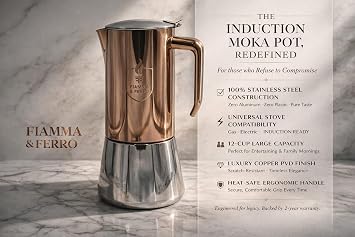 FIAMMA & FERRO Premium Italian Moka Pot - 12-Cup (600ml) Stainless Steel, Copper PVD Finish, Induction Compatible, Zero Aluminum, Zero Plastic