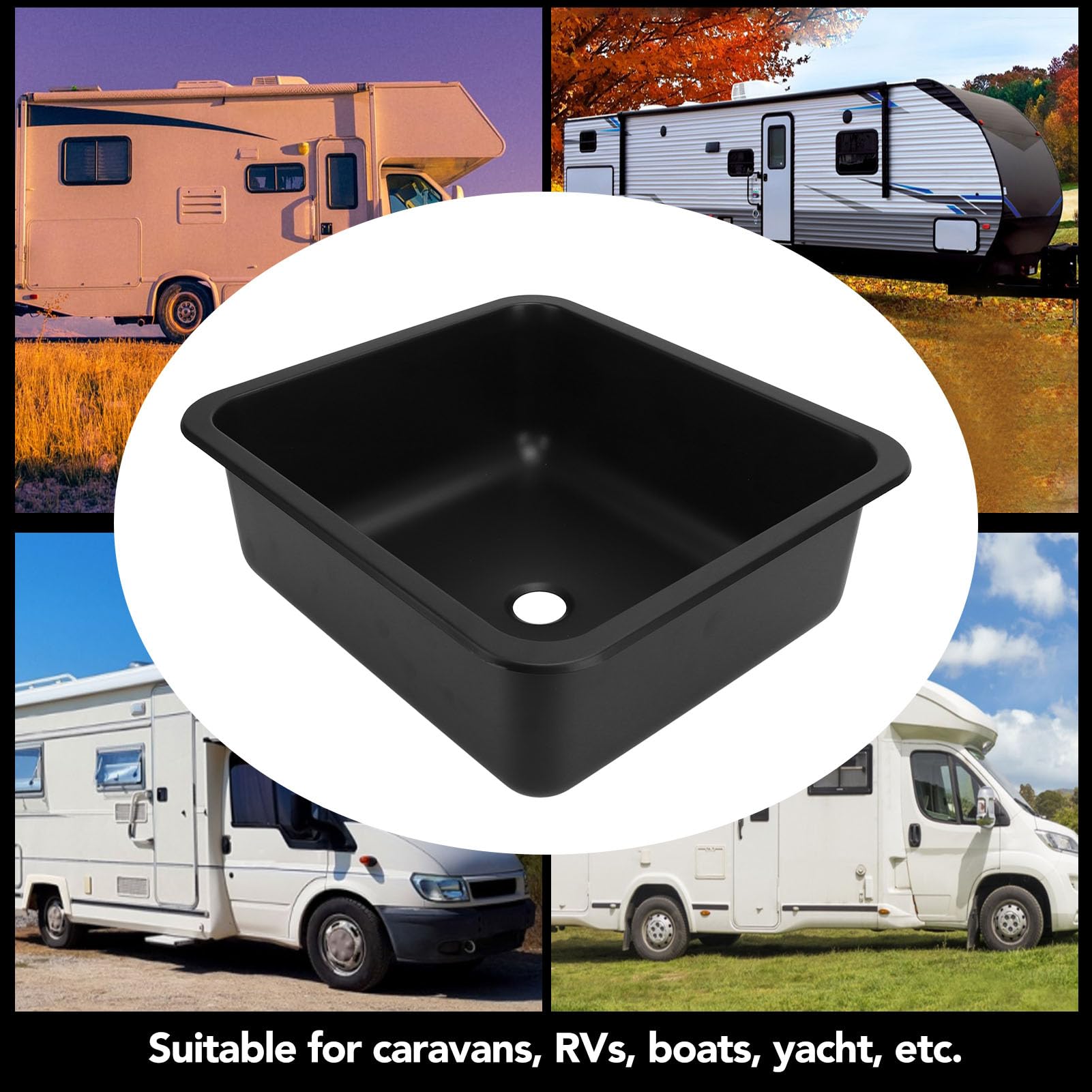 FLEXMAN Wohnmobil Spüle, 400 X 360 X 150 mm, Wohnmobil Küchenspüle mit Gummidichtung, Edelstahl Einzelbecken, Tiefes Rechteckiges Küchenwaschbecken für Wohnwagen, Wohnmobil, Boot (Schwarz)