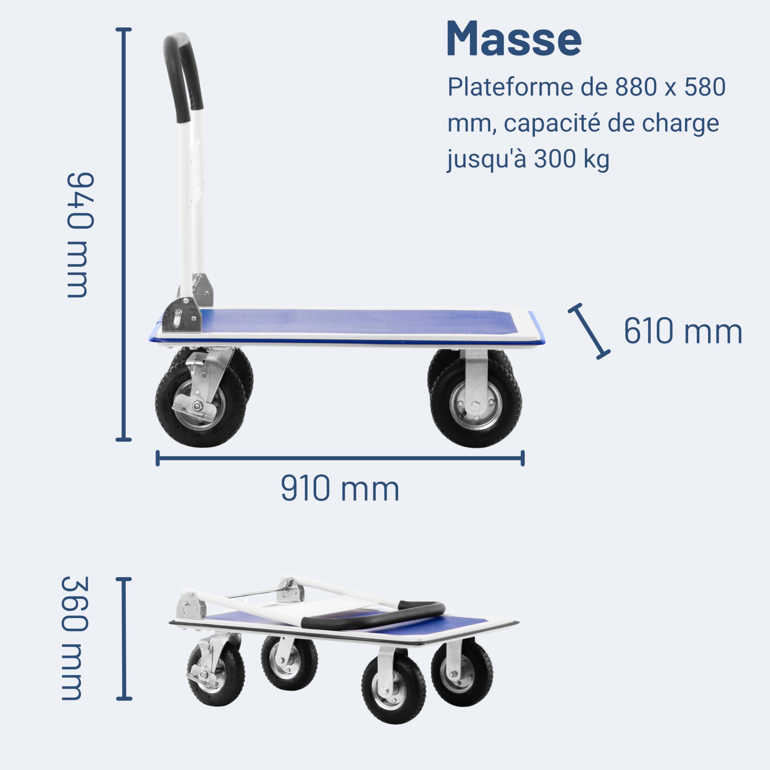 Pallit Chariot de Transport Tout Terrain - Roue Gonflable, 300 kg, Plateforme Rabattable 880 x 580 mm, Chariot a roulettes pour Charge Lourde - Carry-R