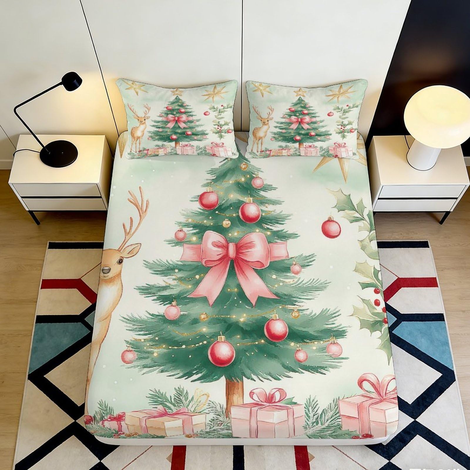 3D Printed Christmas Tree Fitted Sheet Microfiber Elastic Hem Deep Pocket Christmas Tree Mattress Fitted Cover Bedroom Bedding 180x200x25cm