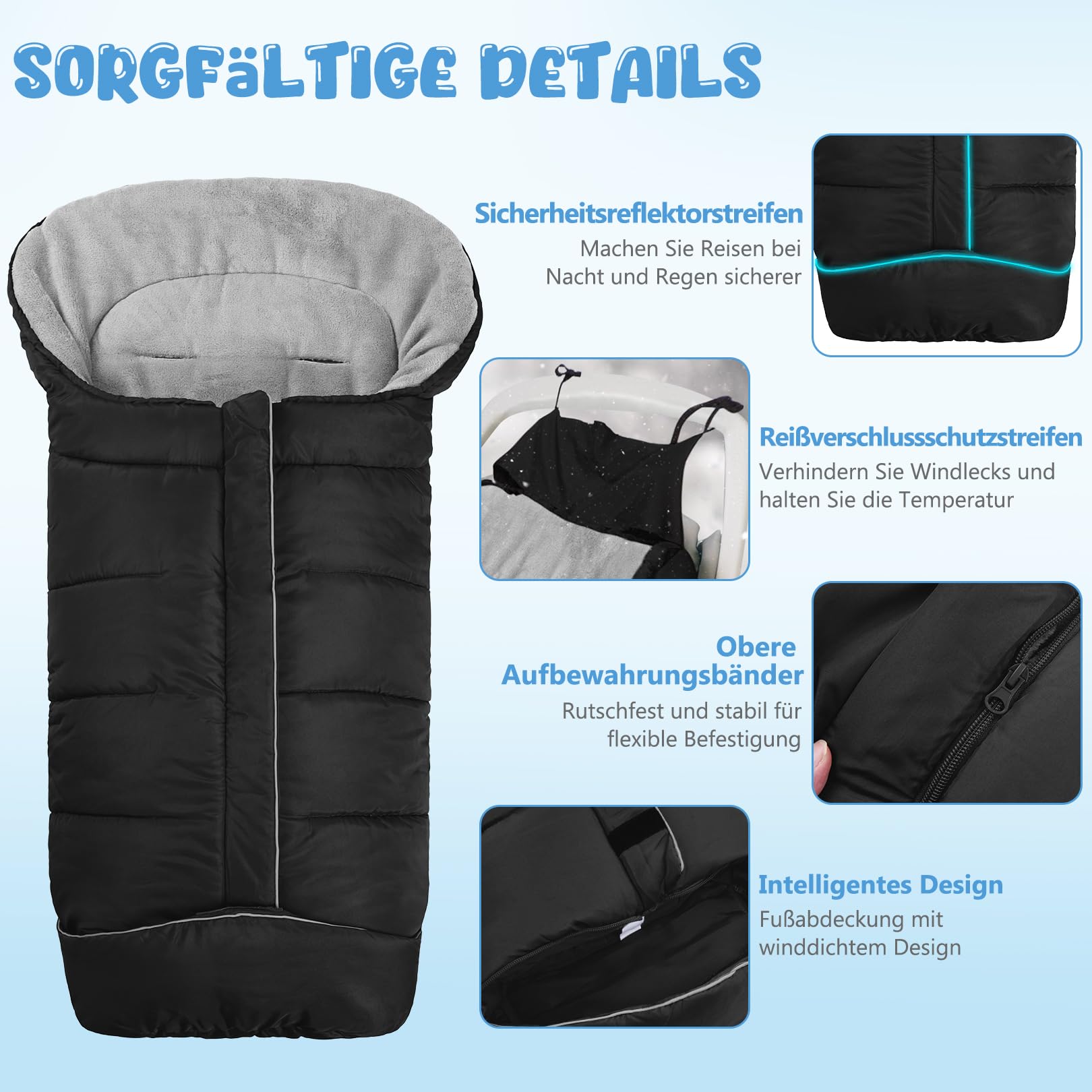 Coprigambe universale per passeggino, con cappuccio con coulisse, caldo e morbido, con fodera in pile corallo, si adatta alla maggior parte dei passeggini e passeggini, coprigambe (nero)