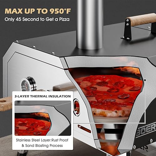 Miniatura 6 de ABORON Horno de pizza para exteriores, horno de pizza multicombustible giratorio de 16 pulgadas, horno de 3 capas de acero inoxidable, máquina de
