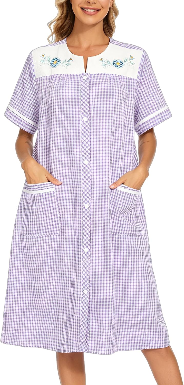 snap front cotton house dress YOZLY Women's Embroidered – Short Sleeve Duster Robe With & Pockets, Soft Proenza Schouler Selena Twist sosoct2 Casual nights Color:Deep Lagoon striped and colorful prints
