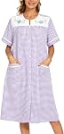 YOZLY Robe de maison brodée femme manches courtes manteau de maison avec poches avant noir S-3XL