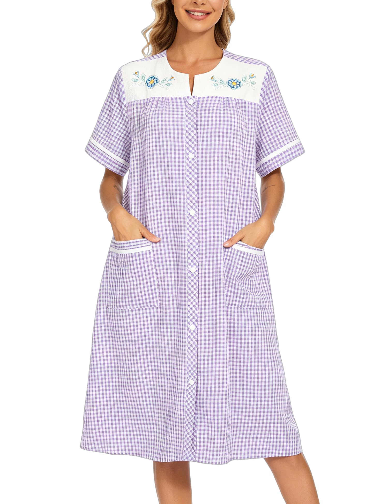 YOZLY House Dress Womens Embroidered Housecoat Short Sleeve Duster Robe with Front Pockets S-3XL, Plaid Purple, Small