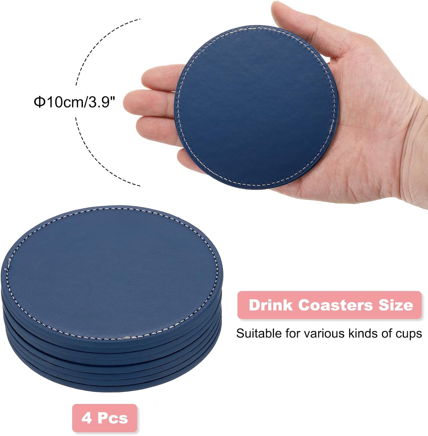 uxcell Round Drink Coasters Set of 4 White Stitched Dual Sided Non-Slip Non-Stick Waterproof Leather Coasters for Drinks, Coffee Table, Housewarming Gifts, Home Decor 4"×4" Blue image 2