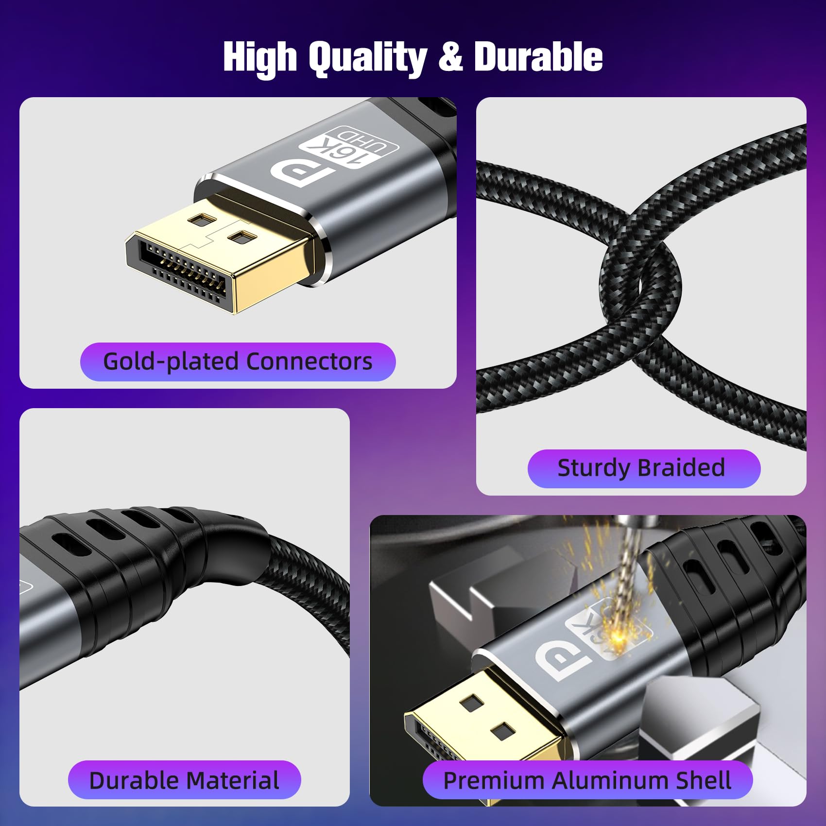 16K Câble DisplayPort 2.1, Cable DP 1M 80Gbps Supporte 16K@60Hz, 8K@120Hz, 4K@240Hz, HDR10, DSC 1.2a, FreeSync et G-Sync, pour Moniteur de Jeu, Laptop, TV, Carte Graphique, PC