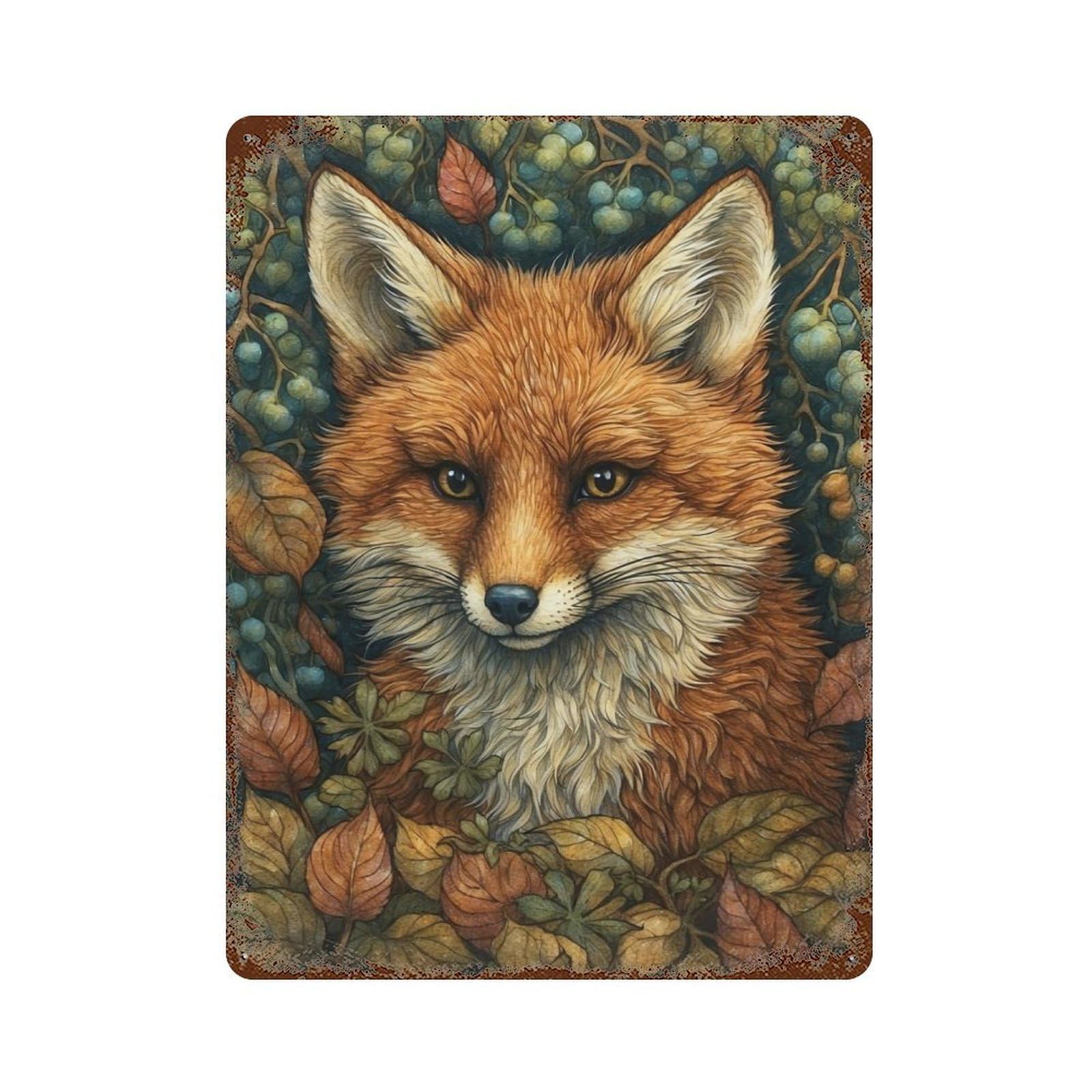 Fox in Whimsical Forest 15.7"x11.8" Aged Metal Wall Plaque, Novelty Wall Decor for Shed, Workshop And Garage Wall Decor