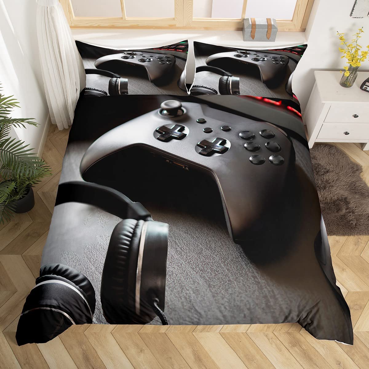 Loussiesd Gamepad Bedding Set Boys Game Controller Comforter Cover for Kids Girls Teens Gamer Headset Duvet Cover Youth Gaming Console Video Game Bedspread Cover With 2 Pillow Case King Size Black — image 1