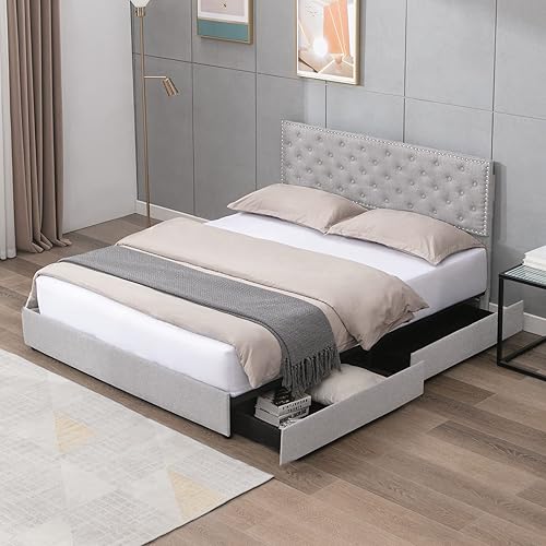 Mjkone Base de cama de tamaño matrimonial con 4 cajones de almacenamiento, plataforma tapizada con cabecera ajustable y tela de lino de algodón,