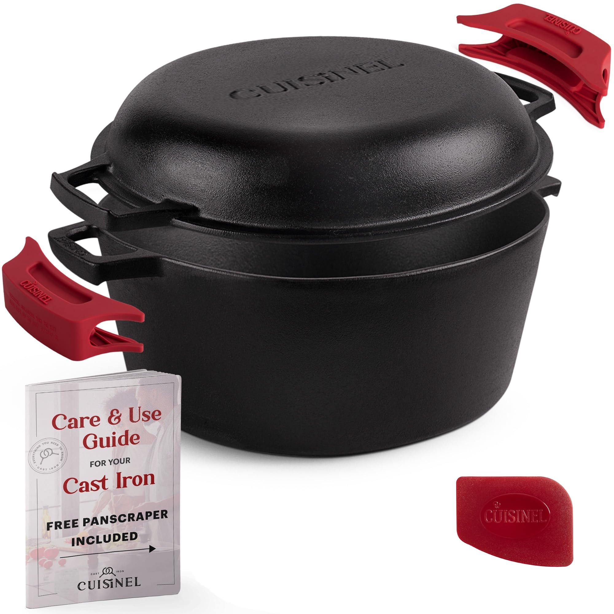 Cuisinel 7-Quart Cast Iron Dutch Oven + Pan Scraper + Silicone Handle Grips - 2-in-1 Pot+Pan Combo Skillet - Pre-Seasoned Indoor/Outdoor Cookware + Instruction & Care Booklet
