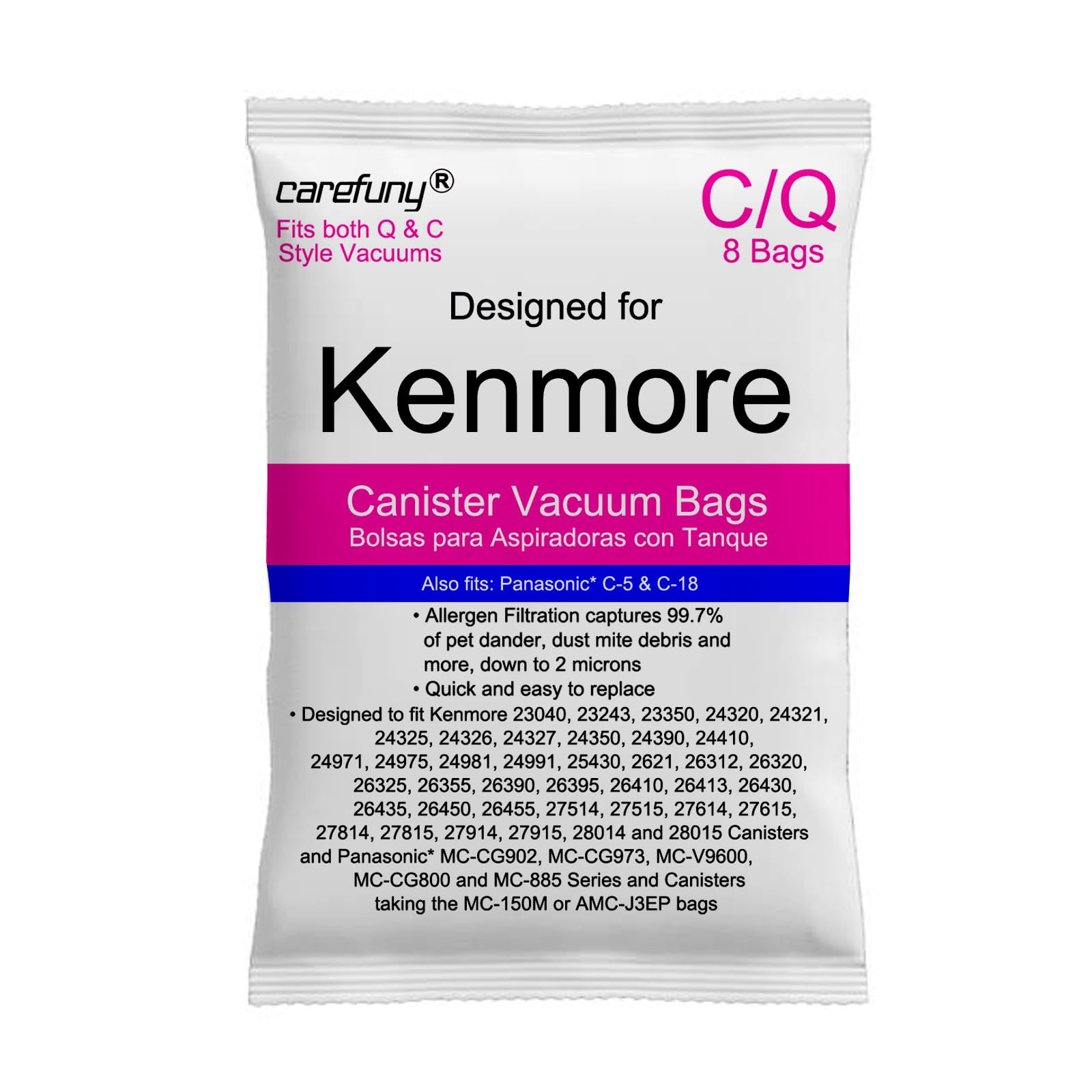 CAREFUNY 8 Pack Style C/Q Canister Vacuum Bags Compatible with Kenmore Canister 50104 5055 50557 50558 Type C-5 Vacuums